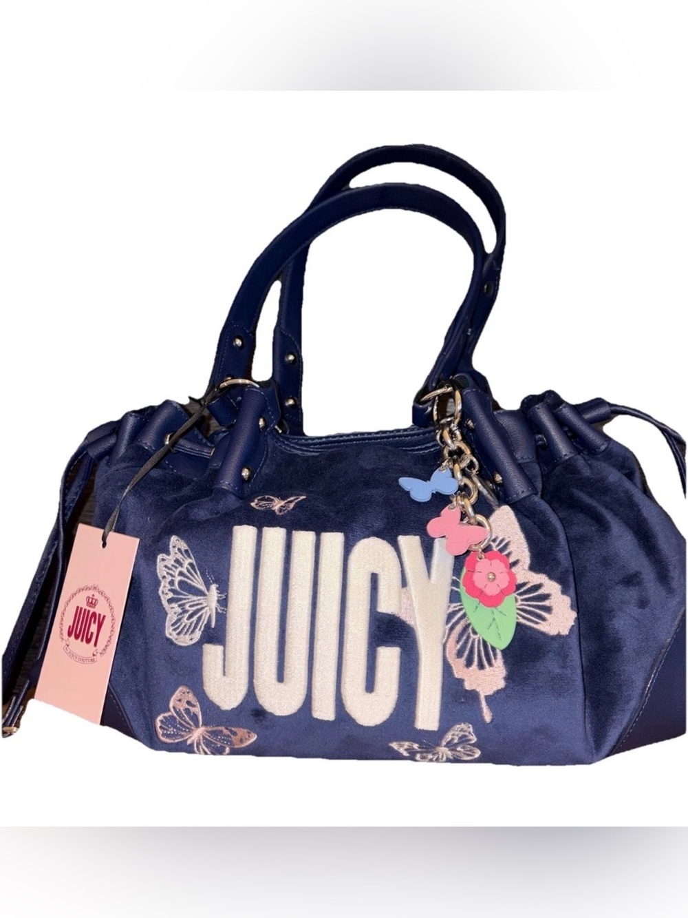 Juicy Couture Royal Blue Bling Velour Butterfly Y2K Bag Embroidered JUICY Charms